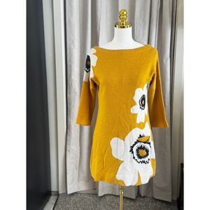 Field Flower Anthropologie Mustard Yellow Floral Knit Sweater Dress Small